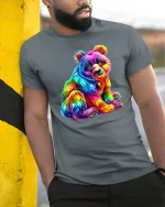 Rainbow Panda Colorful Art Cute Animal Graphic Tee - model wearing grey tee, leaning on column