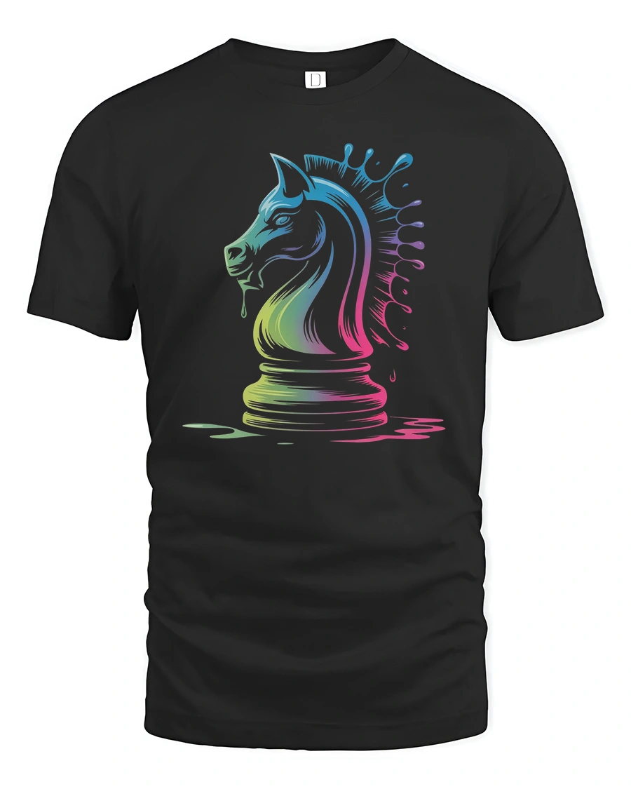 Neon Chess Knight T-Shirt Artistic Strategy Game Tee - 1 Neon Chess Knight T-Shirt Artistic Strategy Game Tee - black t-shirt on white background