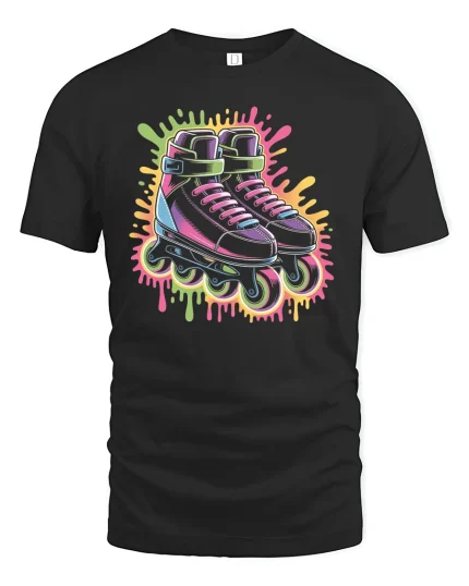 Neon Roller Skates T-Shirt Retro 80s Vibe Streetwear - black t-shirt on white background