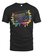 Retro Boombox T-Shirt Neon 80s Music Lover Streetwear - black t-shirt on white background