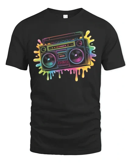 Retro Boombox T-Shirt Neon 80s Music Lover Streetwear - black t-shirt on white background