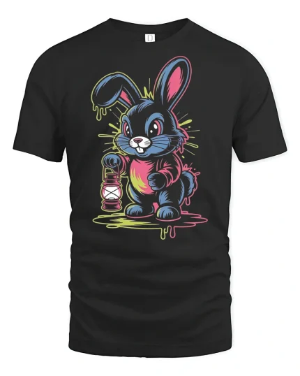 Neon Bunny Lantern T-Shirt Cute Trippy Glow Design - black t-shirt on white background