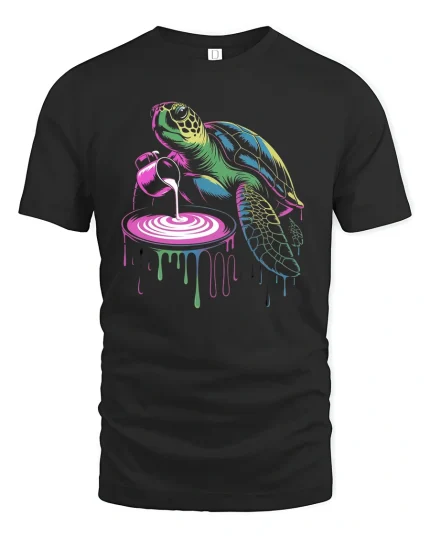 Trippy Turtle Paint Pour T-Shirt Colorful Art Streetwear - black t-shirt on white background