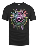Neon Cat Face T-Shirt Trippy Glow Art Streetwear - black t-shirt on white background
