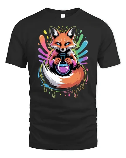 Psychedelic Fox Potion T-Shirt Colorful Magic Design - black t-shirt on white background