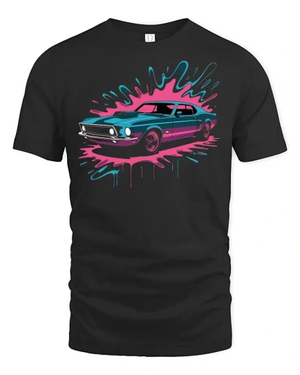 Retro Muscle Car T-Shirt Neon Splash Streetwear Style - black t-shirt on white background