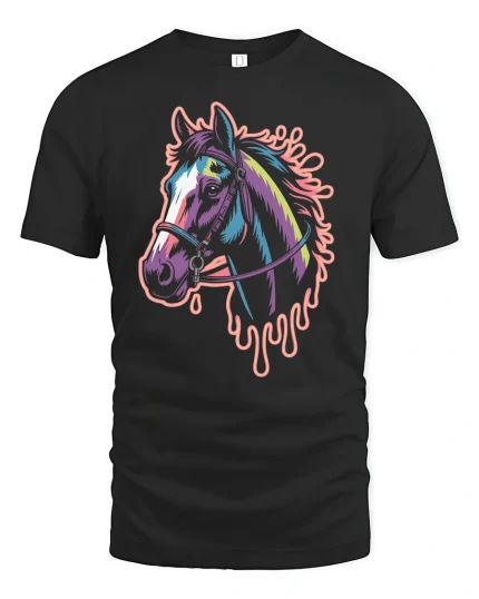 Colorful Horse Head T-Shirt Artistic Neon Graphic Tee - black t-shirt on white background