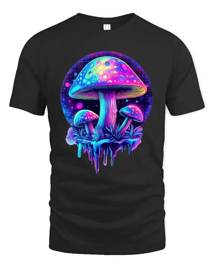Psychedelic Mushroom T-Shirt Neon Trippy Art Design - black t-shirt on white background