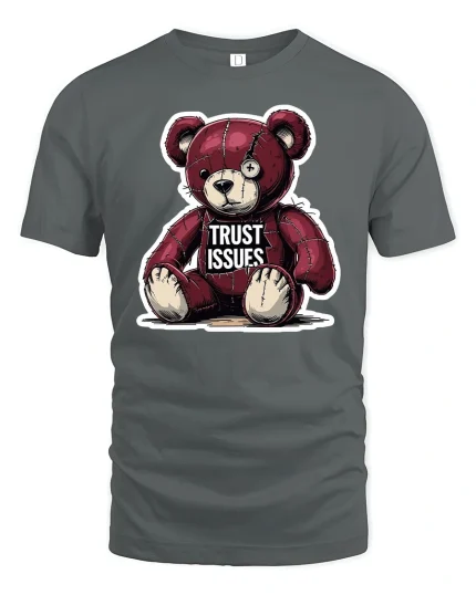 Broken Teddy Trust Issues Graphic T-Shirt for Men - gray t-shirt on white background