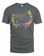 Retro Boombox T-Shirt Neon 80s Music Lover Streetwear - gray t-shirt on white background