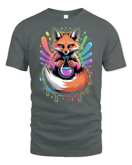 Psychedelic Fox Potion T-Shirt Colorful Magic Design - gray t-shirt on white background