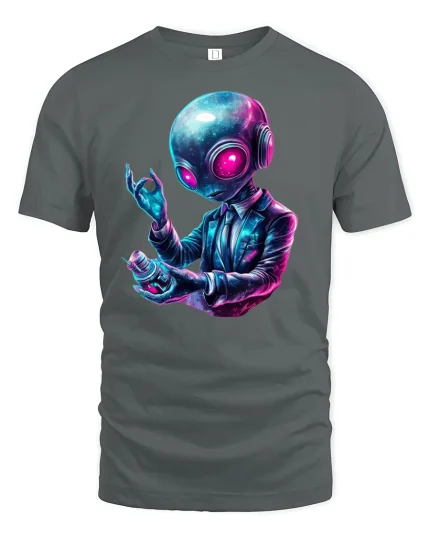 Neon Galaxy Alien T-Shirt Futuristic Space Art Style - gray t-shirt on white background