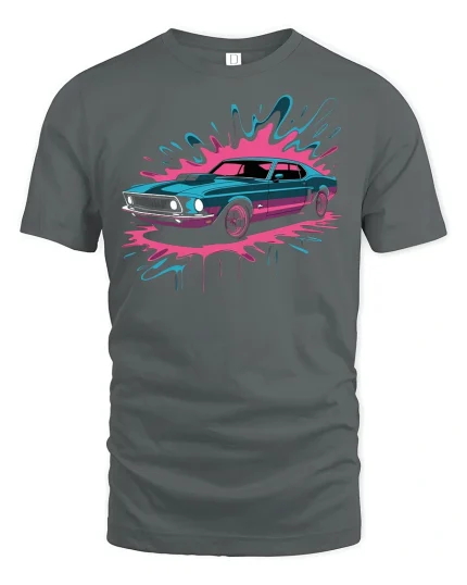 Retro Muscle Car T-Shirt Neon Splash Streetwear Style - gray t-shirt on white background