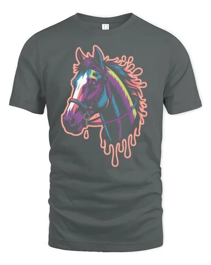 Colorful Horse Head T-Shirt Artistic Neon Graphic Tee - gray t-shirt on white background