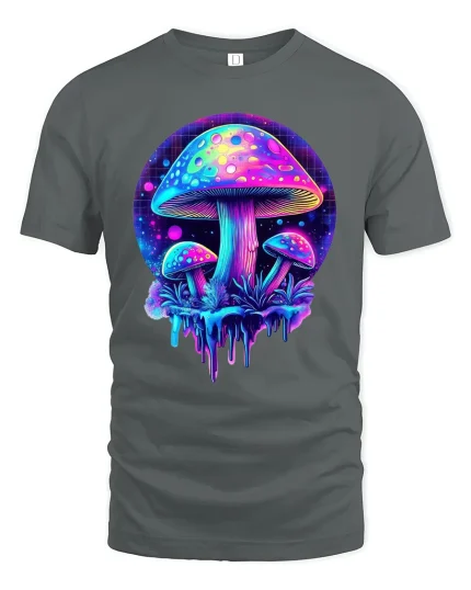 Psychedelic Mushroom T-Shirt Neon Trippy Art Design - gray t-shirt on white background