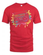 Retro Boombox T-Shirt Neon 80s Music Lover Streetwear - red t-shirt on white background
