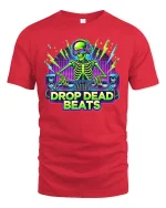 Drop Dead Beats DJ Skeleton T-Shirt EDM Party Style - red t-shirt on white background