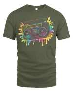 Retro Boombox T-Shirt Neon 80s Music Lover Streetwear - military green t-shirt on white background
