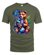 Chill Cosmic Bear T-Shirt Funny Relaxed Vibe Streetwear - military green t-shirt on white background