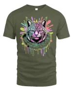 Neon Cat Face T-Shirt Trippy Glow Art Streetwear - military green t-shirt on white background