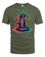 Trippy Neon Windmill T-Shirt Retro Vaporwave Style - military green t-shirt on white background