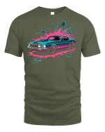 Retro Muscle Car T-Shirt Neon Splash Streetwear Style - military green t-shirt on white background