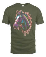 Colorful Horse Head T-Shirt Artistic Neon Graphic Tee - military green t-shirt on white background