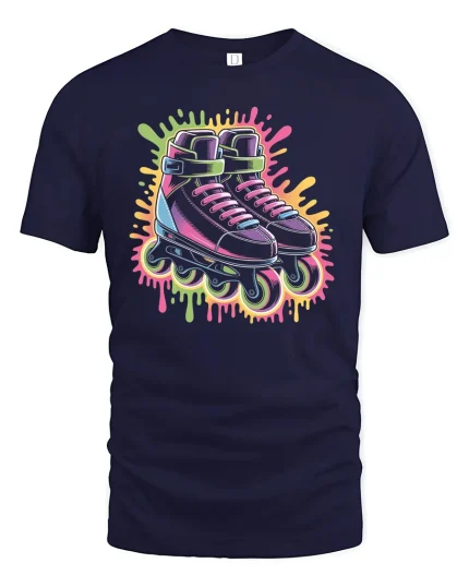 Neon Roller Skates T-Shirt Retro 80s Vibe Streetwear - navy t-shirt on white background