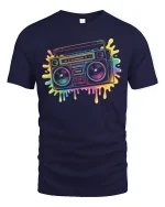 Retro Boombox T-Shirt Neon 80s Music Lover Streetwear - navy t-shirt on white background