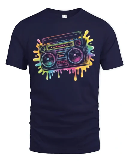 Retro Boombox T-Shirt Neon 80s Music Lover Streetwear - navy t-shirt on white background