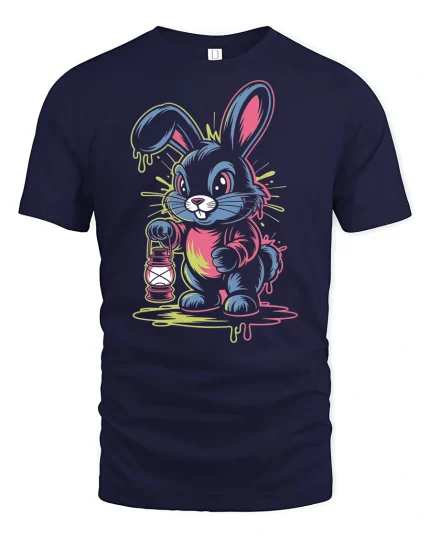 Neon Bunny Lantern T-Shirt Cute Trippy Glow Design - navy t-shirt on white background