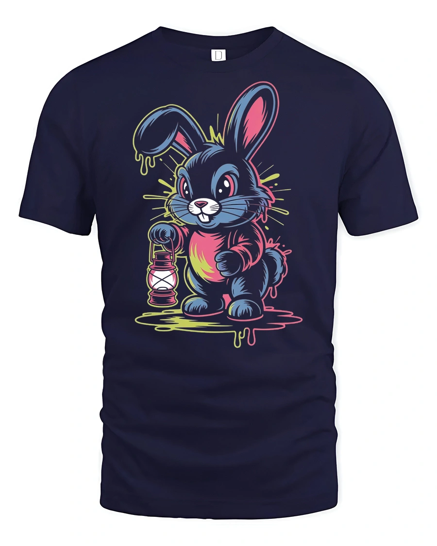 Neon Bunny Lantern T-Shirt Cute Trippy Glow Design - 1 Neon Bunny Lantern T-Shirt Cute Trippy Glow Design - navy t-shirt on white background
