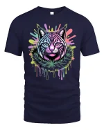 Neon Cat Face T-Shirt Trippy Glow Art Streetwear - navy t-shirt on white background