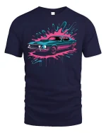 Retro Muscle Car T-Shirt Neon Splash Streetwear Style - navy t-shirt on white background