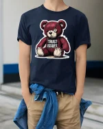 Broken Teddy Trust Issues Graphic T-Shirt for Men - model wearing navy tee with hands in pockets