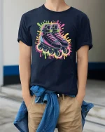 Neon Roller Skates T-Shirt Retro 80s Vibe Streetwear - model wearing navy tee with hands in pockets