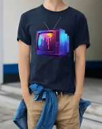 Melting Retro TV T-Shirt Vaporwave Aesthetic Design - model wearing navy tee with hands in pockets
