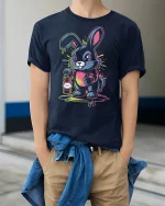Neon Bunny Lantern T-Shirt Cute Trippy Glow Design - model wearing navy tee with hands in pockets
