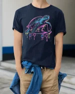 Chill Turtle Skateboard T-Shirt Funny Cool Streetwear - model wearing navy tee with hands in pockets