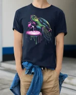 Trippy Turtle Paint Pour T-Shirt Colorful Art Streetwear - model wearing navy tee with hands in pockets
