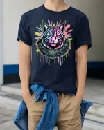 Neon Cat Face T-Shirt Trippy Glow Art Streetwear - model wearing navy tee with hands in pockets