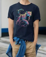 Neon Cheetah T-Shirt Fast and Fierce Animal Streetwear - model wearing navy tee with hands in pockets