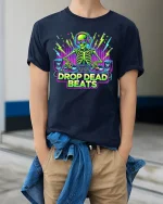 Drop Dead Beats DJ Skeleton T-Shirt EDM Party Style - model wearing navy tee with hands in pockets