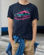 Retro Muscle Car T-Shirt Neon Splash Streetwear Style - model wearing navy tee with hands in pockets
