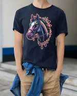 Colorful Horse Head T-Shirt Artistic Neon Graphic Tee - model wearing navy tee with hands in pockets