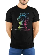 Neon Chess Knight T-Shirt Artistic Strategy Game Tee - model wearing black tee with hands behind back