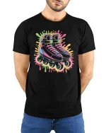 Neon Roller Skates T-Shirt Retro 80s Vibe Streetwear - model wearing black tee with hands behind back