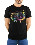 Retro Boombox T-Shirt Neon 80s Music Lover Streetwear - model wearing black tee with hands behind back