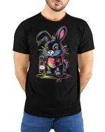 Neon Bunny Lantern T-Shirt Cute Trippy Glow Design - model wearing black tee with hands behind back