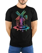Trippy Neon Windmill T-Shirt Retro Vaporwave Style - black t-shirt in nature background wearing by model